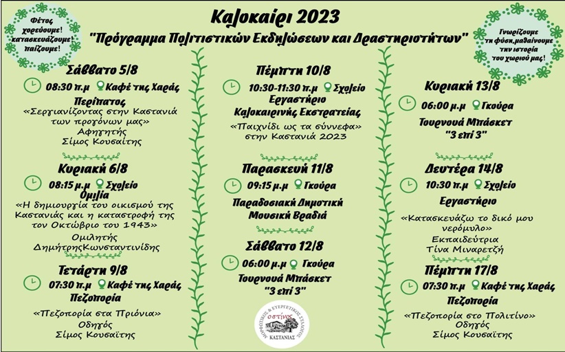 Μορφωτικός Ευεργετικός Σύλλογος Καστανιάς: Πρόγραμμα εκδηλώσεων Αύγουστος 2023