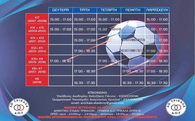 Ξεκινάνε την Δευτέρα 19 Αυγούστου οι εγγραφές των ακαδημιών του ΑΟ Τρίκαλα