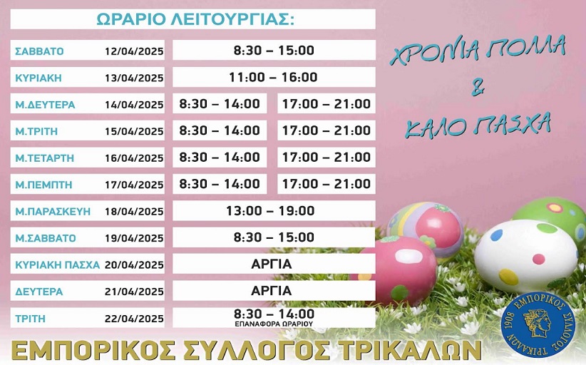 Πασχαλινό ωράριο Καταστημάτων Τρικάλων