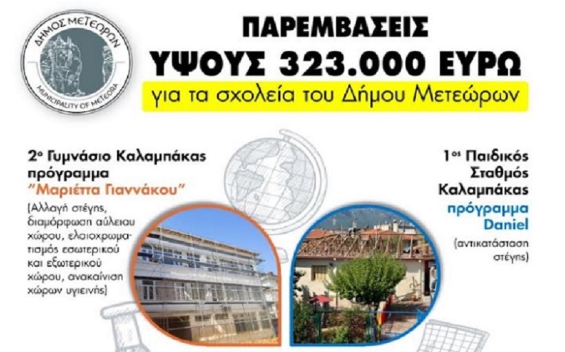 Παρεμβάσεις ύψους 323.000 ευρώ για τα σχολεία του Δήμου Μετεώρων