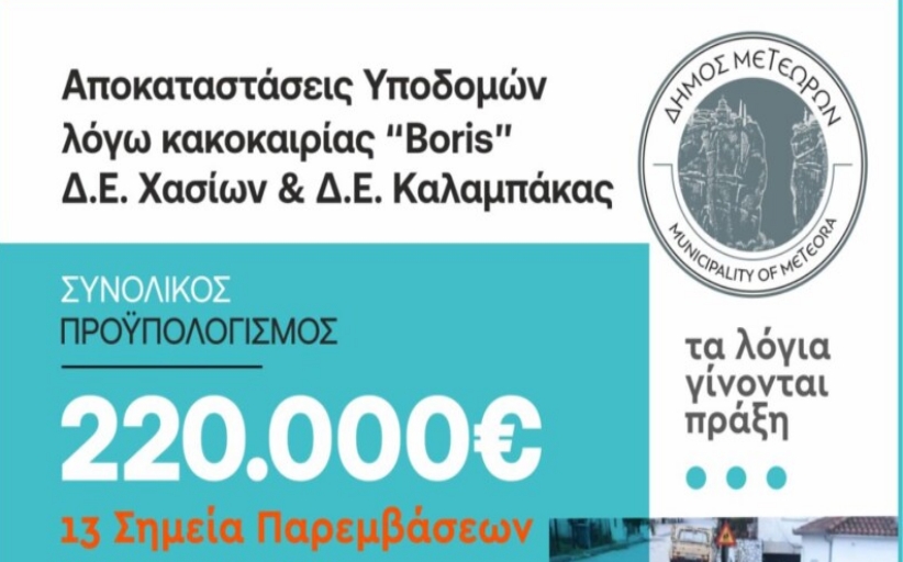 13 νέες παρεμβάσεις στις Δημοτικές Ενότητες Καλαμπάκας και Χασίων για την αποκατάσταση ζημιών από την κακοκαιρία «Boris» στον Δήμο Μετεώρων