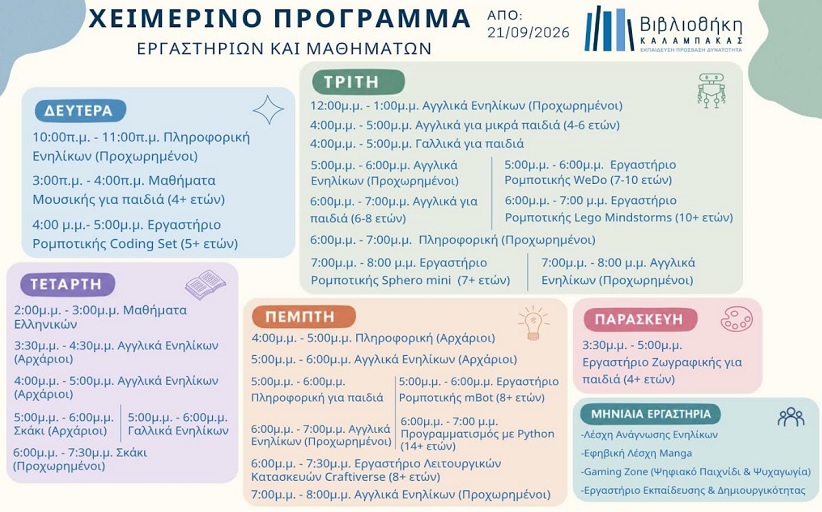 Βιβλιοθήκη Καλαμπάκας:  Δηλώσεις συμμετοχής: Έναρξη Χειμερινού Προγράμματος Εργαστηρίων & Μαθημάτων