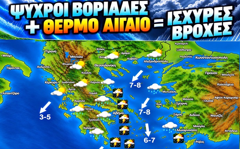 Ψυχροί Βοριάδες και θερμό Αιγαίο γενούν ισχυρές βροχές...